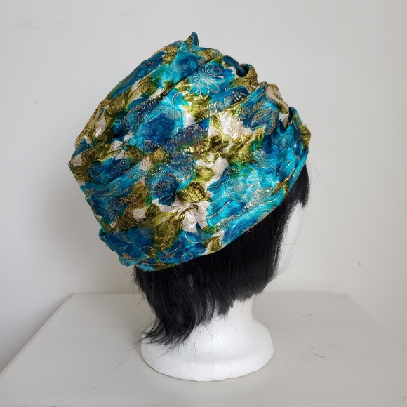 50s 60s Vintage Union Made Metallic Gold Garden Print Turban Hat - Picture 7 of 13